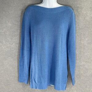 Talbots Sweater Womens Sz‎ L Blue Boat Neck Cotton Long Sleeve Ribbed Knit